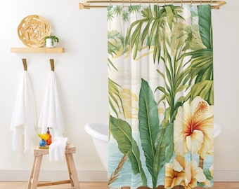 Tropical Shower Curtain Palm Leaves Green Shower Curtain Botanical Bath Decor Apartment Bathroom Decor Florida Beach House Shower Curtain