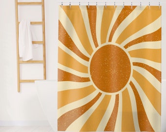 Retro Sunrise Shower Curtain, Sunrays Boho Shower Curtain, Minimalist Abstract Swirl Bath Curtain, Mid Century Modern Vintage Bathroom Decor