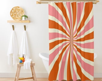 Retro Swirl Shower Curtain Boho Shower Curtain Pink Shower Curtain Vintage Sunburst Bath Decor Pink Red Beige Swirl Abstract Shower Curtain