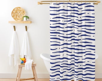 Abstract Coastal Shower Curtain Blue Ocean Shower Curtain Beach House Bathroom Decor Surf Sea Tropical Minimalist Nautical Shower Curtain