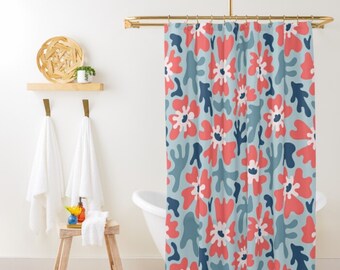 Boho Shower Curtain Retro Botanical Print, Retro Floral Shower Curtain Cute Blue Shower Curtain, Machine Washable, Shower Curtain Boho