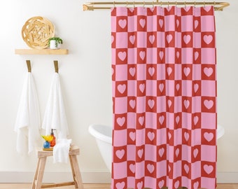 Checkered Pink Hearts Valentines Shower Curtain Red Pink Retro Shower Curtain Red Shower Curtain Retro Minimalist Girly Cute Shower Curtain