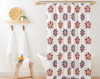 Retro Floral Shower Curtain Boho Shower Curtain Botanical Shower Curtain Vintage 70s Bathroom Colorful Retro Shower Curtain Cute Bath Decor