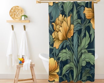 William Morris Shower Curtain Retro Dark Cottagecore Botanical Bath Curtain Vintage Garden Art Floral Shower Curtain Cute Green Bath Decor