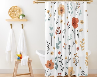 Minimalist Botanical Floral Shower Curtain Botanical Bathroom Decor Wildflower Bath Curtain Floral Pattern Guest Bathroom Botanical Shower
