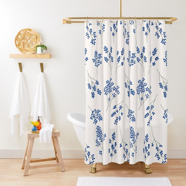 French Country Boho Shower Curtain, Blue and White Shower Stall Curtain, Shabby Chic, Botanical Floral Shower Curtain, Cute Shower Curtain