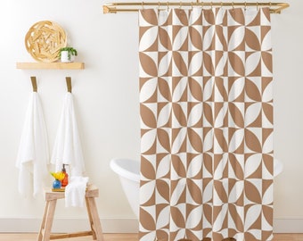 Mid Century Modern Shower Curtain Boho Retro Shower Curtain Geometric Shower Curtain Simple Minimalist Tan and White Vintage Shower Curtain