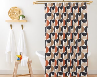 Mid Century Modern Shower Curtain, Geometric Shower Bath Decor, Retro Bathroom Decor, Boho Shower Curtain, Tan Black Orange Shower Curtain