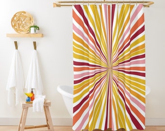 Retro Sunrays Shower Curtain, Sunrise Boho Shower Curtain, Mid Century Modern Shower Curtain, Yellow Bath Curtain, Minimalist Bathroom Decor