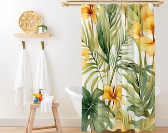 Tropical Plants Botanical Shower Curtain, Yellow Floral Shower Curtain, Green Palm Leaves Tropical Bath Decor, Cute Coastal Shower Curtain