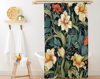 William Morris Shower Curtain, Retro Botanical Floral Bath Curtain, Boho Shower Curtain, Cute Vintage Aesthetic Art nouveau Shower Curtain