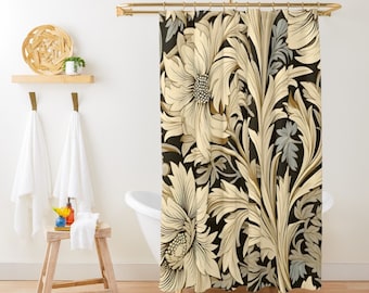 Retro William Morris Bath Curtain Vintage Aesthetic Beige Botanical Shower Curtain Art Nouveau Floral Cottagecore Maximalist Bathroom Decor