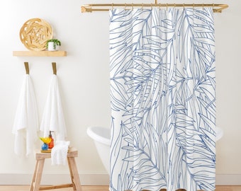 Blue Leaves Tropical Shower Curtain Beach house Blue Fabric Shower Curtain Cute Shower Curtain Bathroom Décor Botanical Shower Curtain