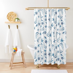 Blue Floral Shower Curtain Boho Shower Curtain Blue White Floral Print Bathroom Stall Curtain Cute Shower Curtain Lakehouse Bathroom Curtain