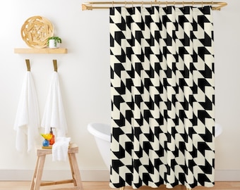 Black and Beige Shower Curtain Minimalist Shower Curtain Houndstooth Pattern Geometric Bath Decor Vintage Mid-Century Modern Shower Curtain