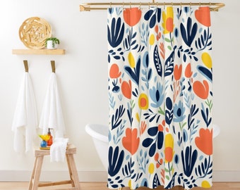 Blue Botanical Shower Curtain Henry Matisse Minimalist Boho Shower Curtain Mid Century Modern Bath Curtain Abstract Art Blue Shower Curtain