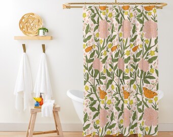 Retro William Morris Shower Curtain, Vintage Pink Green Botanical Curtain, Art Nouveau Floral Bath Curtain, Cottagecore Guest Bathroom Decor