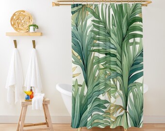 Palm Leaves Coastal Shower Curtain, Tropical Beach House Boho Bath Decor, Green Fabric Shower Stall Curtain Minimalist Beach Shower Curtain