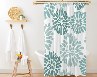 Abstract Dahlia Shower Curtain, Floral Shower Curtain, Abstract Cute Shower Curtain, Teal White Shower Curtain Coastal Bathroom Decor