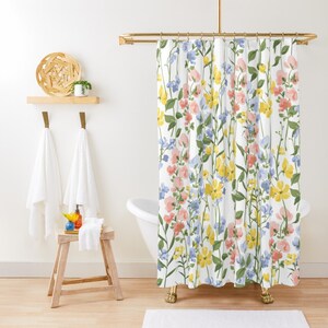 Wildflowers Floral Shower Curtain, Blue, Pink, Yellow, Cute Shower Curtain, Botanical Shower Curtain, Shabby Chic, Farmhouse Bathroom Decor