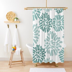 Abstract Dahlia Shower Curtain, Floral Shower Curtain, Abstract Cute Shower Curtain, Teal White Shower Curtain Coastal Bathroom Decor
