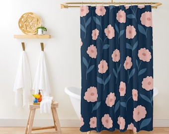 Navy Blue Shower Curtain Pink Flowers Shower Curtain Cute Shower Curtain Shabby Chic Dark Blue Bathroom Stall Waterproof  Fabric Curtain