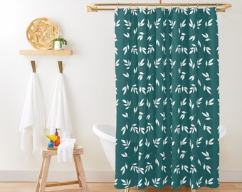Teal Floral Shower Curtain Leaves Shower Curtain Art Shower Curtain Botanical Print Cute Shabby Chic Shower Curtain for Apartment Bathroom