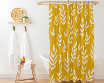 Yellow Fern Shower Curtain Fall Bathroom Décor Housewarming Gift Minimalist Pattern Modern Design Leaf Pattern Yellow Shower Stall Curtain