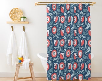 Retro Floral Blue Shower Curtain Pink Blue Shower Curtain Art Shower Curtain Botanical Print Cute Shabby Chic Shower Curtain for Bathroom