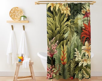 Green Shower Curtain Tropical Jungle Plants Shower Curtain Botanical Shower Curtain  Rainforest Art Shower Curtain Vintage Bathroom Decor