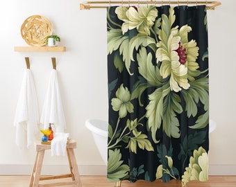 William Morris Style Shower Curtain, Botanical Shower Curtain, Green Shower Curtain, Victorian Art Deco Bath Curtain, Floral Shower Curtain