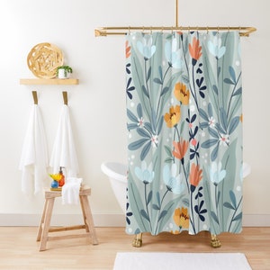 Boho Shower Curtain, Botanical Floral Shower Curtain, Blue Shower Curtain, Machine Washable Shower Curtain Boho, Cute Shabby Chic Bath Stall