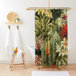 Green Shower Curtain Tropical Jungle Plants Shower Curtain Botanical Shower Curtain  Rainforest Art Shower Curtain Vintage Bathroom Decor