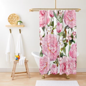 Peony Floral Shower Curtain, White & Pink Shower Curtain, Cute Shower Curtain Boho, Botanical Garden Modern Shower Curtain, Machine Washable