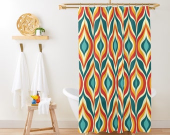 Mid Century Modern Shower Curtain Orange Retro Shower Curtain, 60s 70s Shower Curtain, Cream Blue Red Rust MCM Ogee Geometric Shower Curtain