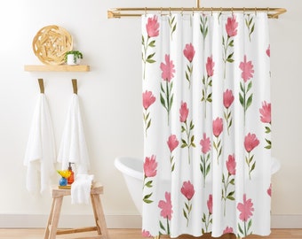 Floral Shower Curtain, Pink Shower Curtain, Minimalist Cute Pink Flowers Shower Curtain Botanical Shabby Chic Shower Curtain for Bathroom