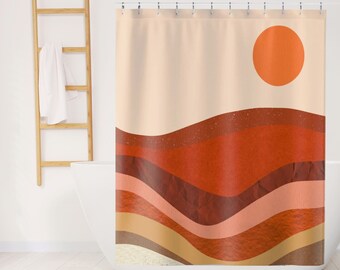 Retro Shower Curtain Retro Sun Rays Abstract Shower Curtain Boho Mountain Bath Curtain Cute Shower Curtain Orange Shower Curtain Retro Decor