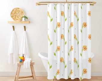 Minimalist Floral Shower Curtain Cute Wildflowers Shower Curtain Botanical Plants Shower Curtain Yellow Shower Curtain for Girls Bathroom