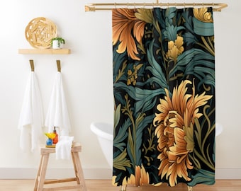 William Morris Shower Curtain Floral Art Deco Fabric Bathroom Curtain Art Nouveau Bath Decor Retro Shower Curtain Dark Green Shower Curtain