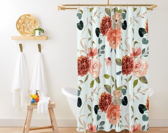 Floral Cute Shower Curtain, Light Blue Shabby Chic Shower Curtain, Watercolor Roses and Leaves Botanical Shower Curtain, Bathroom Decor