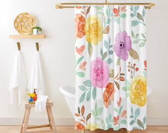 Watercolor Floral Shower Curtain Colorful Cute Shower Curtain, 71x74 in, Botanical Flowers Leaves Shower Curtain, Shabby Chic Shower Curtain
