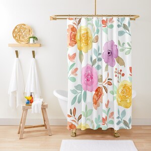 Watercolor Floral Shower Curtain Colorful Cute Shower Curtain, 71x74 in, Botanical Flowers Leaves Shower Curtain, Shabby Chic Shower Curtain