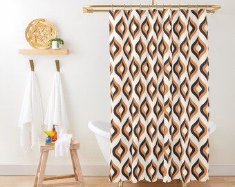 Orange Retro Shower Curtain Boho Mid Century Modern Shower Curtain Boho Bathroom Decor Geometric Bath Decor Minimalist Vintage 70s Bathroom