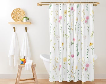 Wildflowers Boho Shower Curtain Cute Floral Shower Curtain, 71x74 in, Botanical Flowers and Leaves Shower Curtain, Minimalist Shower Curtain