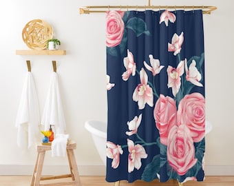 Navy Blue and Pink Shower Curtain, Vintage Blue Shower Curtain Cute Abstract Shower Curtain Botanical Bathroom Curtain Blue Shower Curtain