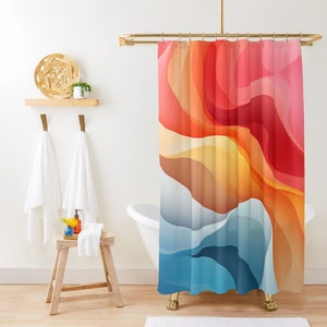 Retro Abstract 70s Shower Curtain Colorful Rainbow Geometric Ocean Waves Shower Curtain Mid-century Minimalist Modern Abstract Bath Curtain