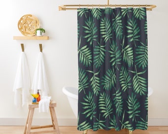 Dark Palm Leaves Shower Curtain Green Shower Curtain Tropical Bathroom Botanical Bathroom Decor Forest Shower Curtains Woodland Cabin Decor
