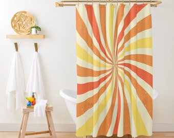 Sun Shower Curtain, Boho Bath Curtain, Retro Shower Curtain, Vintage Sunburst Bathroom Decor, Yellow Orange Swirl, Abstract Shower Curtain