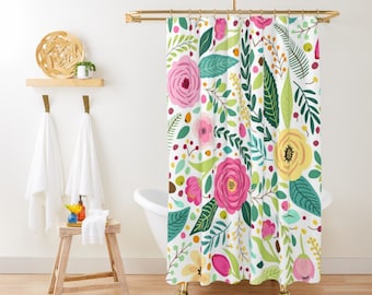 Pink Floral Shower Curtain Boho Bathroom, Whimsical Wildflowers Shower Curtain, Botanical Shower Curtain, Cute Colorful Cottagecore Bathroom