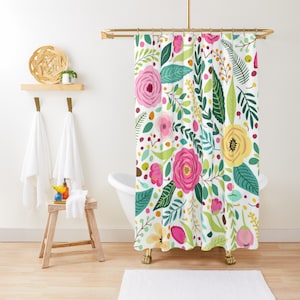 Pink Floral Shower Curtain Boho Bathroom, Whimsical Wildflowers Shower Curtain, Botanical Shower Curtain, Cute Colorful Cottagecore Bathroom